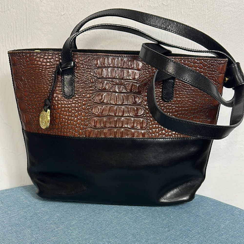 Brahmin Brown and Black Croc-Embossed Tote